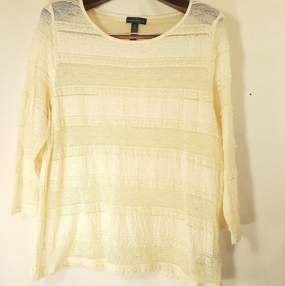 LRL Lauren Jeans Co Solid Ivory Long Sleeve Lace Detail Half Button Tunic Blouse - Picture 1 of 5
